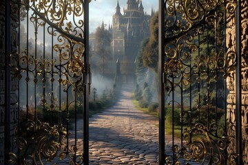 An intricate wrought iron gate adorned with gold filigree, standing at the entrance of a regal...