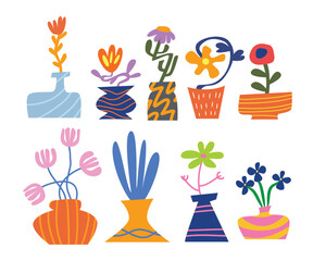 Set of abstract colorful bright flower art set collection, drawing vintage decorative flower childish cartoon with folklore style, potted plant and floral decoration florist vector illustration.