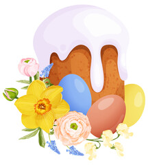 Spring composition with traditional Easter cake and eggs, flowers of narcissus, ranunculus, hyacinth and sweet peas. Stock vector illustration on a white background.