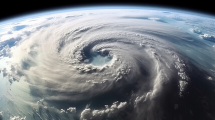 cyclone funnel of a hurricane on the surface of the planet view from space, weather forecast.