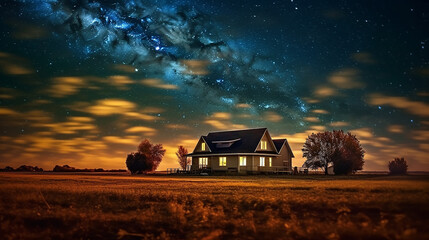 landscape panorama lonely house cottage under the starry sky. - obrazy, fototapety, plakaty