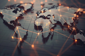 Global communication and international connections. World map with connected lines and dots