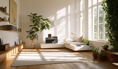 A contemporary living room with natural lighting in big window mixing and modern design.architecture concepts background ideas