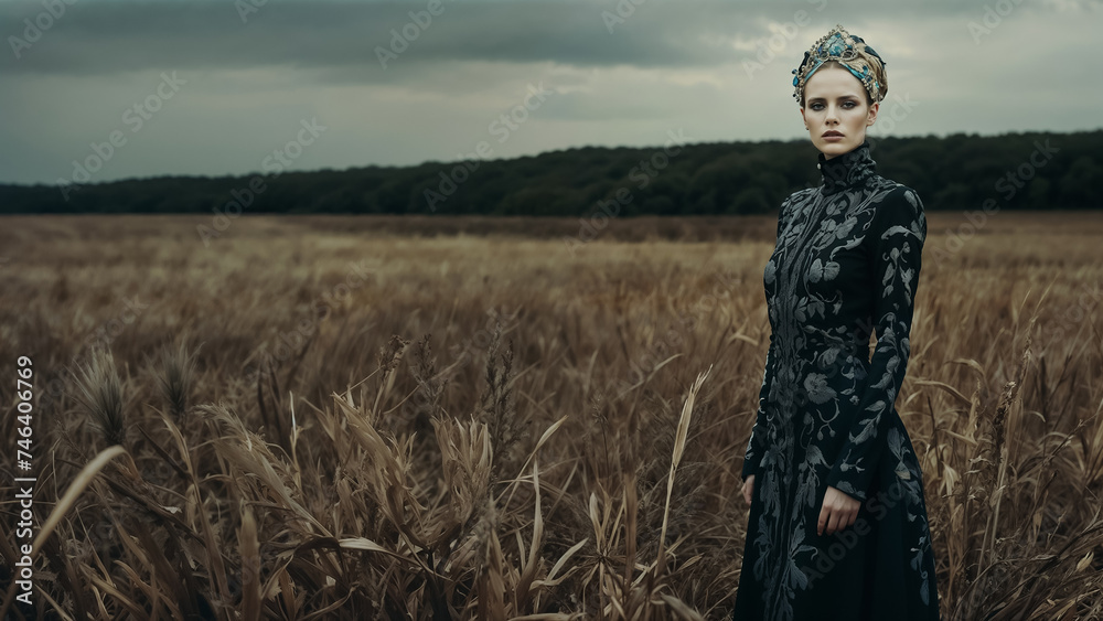 Wall mural fashion portrait of a young woman in fantasy dress in surreal dark outdoor settings