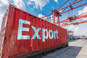 Obraz premium Container with Export on trailer in shipping yard with cranes and ships