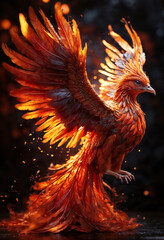 Fototapeta premium A phoenix mythical bird in fire. Symbol of rebirth restart of live new beginnings and hope. Fenix firebird with burning glowing wings and feathers on black background