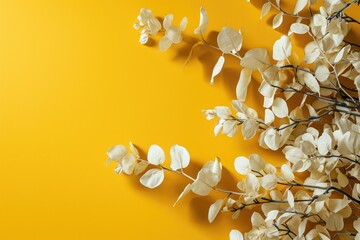 Vibrant Nature Composition: White Plant Leaves and Copy Space Against Sunny Yellow Background