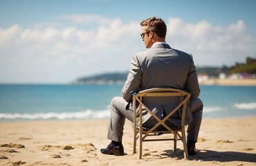 Businessman in a suit sitting on a chair at the beach looking out to sea