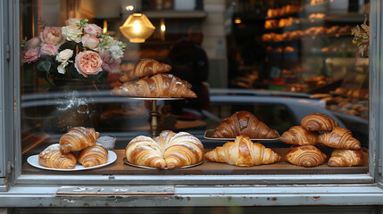 Croissants and other sweet bakery items lie on a beautiful display case in the shop