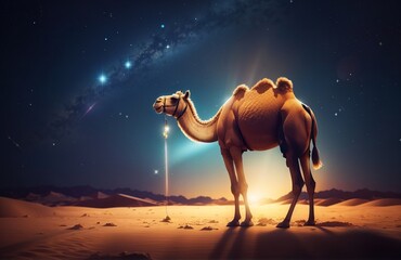 Camel at night in desert with stars - obrazy, fototapety, plakaty