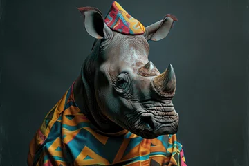 Poster Stylish rhino in geometric pattern outfit with festive hat on dark studio background © boxstock production