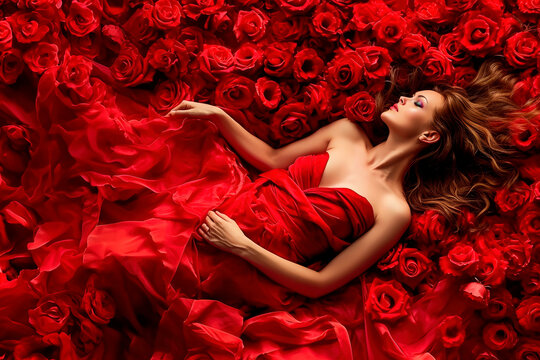 Sensual Elegance: A Captivating Image of a Woman in a Red Dress, Lying Over Red Flowers, Evoking Passion and Desire. Perfect Copy Space for Love, Perfume, and Beauty Products.





