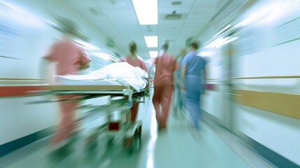 A motion-blurred photograph of a patient on a stretcher or gurney being pushed at speed through a hospital corridor by doctors and nurses to an emergency room