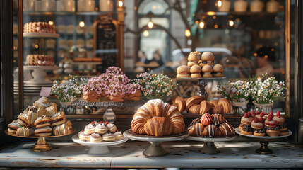 Croissants and other sweet bakery items lie on a beautiful display case in the shop - obrazy, fototapety, plakaty