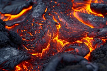 Close-up of lava texture with glowing molten rock, showcasing intricate patterns of orange and red, resembling a fiery landscape.