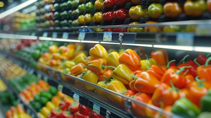 vegetables and fruits on the shelves in the supermarket
