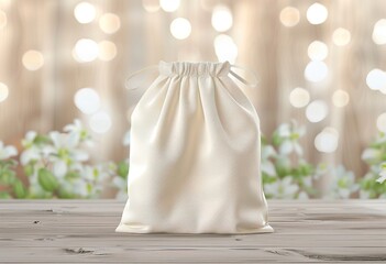 Elegant cream drawstring bag on a wooden piece in a rustic style - luxury packaging or gift presentation