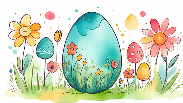 watercolor image of an Easter egg surrounded by flowers