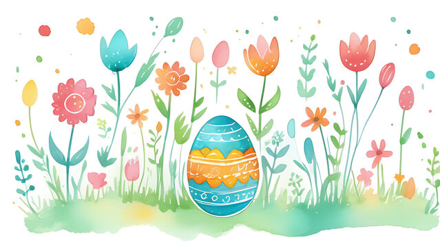 watercolor image of an Easter egg surrounded by flowers