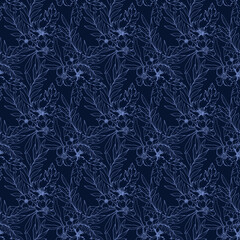 Vector hand drawn floral all over surface print with dark background, Modern unique colored flowers with leaves seamless repeat pattern