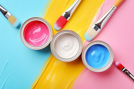 Jars with multicoloured paint on the table with brushes and masks of different colours, drawing painting painting painting
