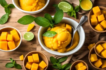 a scoop of mango sorbet in a chilled cup, garnished with fresh mango cubes and a mint sprig, creating a visually appealing and tropical summer dessert. - obrazy, fototapety, plakaty