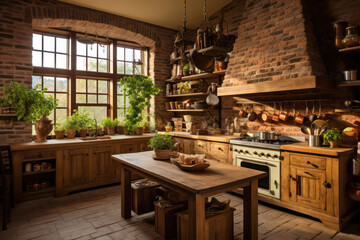 Rustic Retro Kitchen: A Vintage Wood and White Kitchen with Old-fashioned Stove and Wooden Utensils, Brown Pot and Rustic Cookware on a Contemporary Table in a Classic Country Style Home