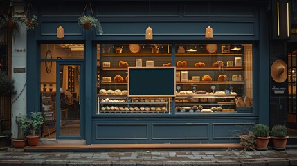 shows the exterior of a stylish, dark blue storefront