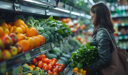Closeup woman shopping vegetables and fruits in a grocery supermarket store. Generative AI - obrazy, fototapety, plakaty