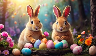 Cute two servant rabbits are happy and smiled and played around the Easter eggs with colorful spring flowers. In the forest, amazing lighting sunset. wide angle shooting by camera with high resolution