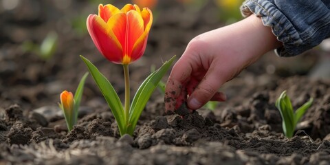 child hand planting flowers 