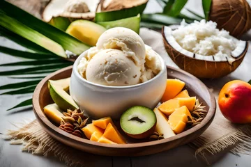 Fotobehang the creaminess of a coconut milk-based vegan ice cream in a bowl, garnished with coconut flakes and tropical fruits, creating a visually stunning and dairy-free summer dessert © Muhammad