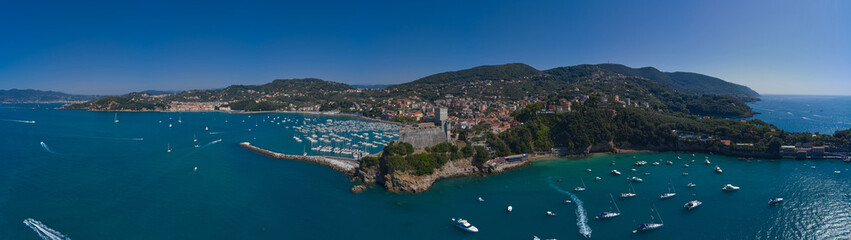 Cityscape of Lerici Tourist resorts on the coast of the Gulf of La Spezia, Mediterranean sea,...