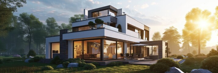 Spacious Suburban Residence: 3D Render of Modern Family Home with Extensive Property - obrazy, fototapety, plakaty