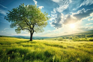 Fototapeta na wymiar Tranquil Spring: A Colorful Landscape with Solitary Tree, Lush Meadow, and Blue Sky