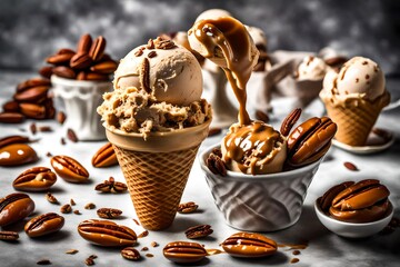 Obraz na płótnie Canvas a scoop of caramel pecan praline ice cream in a cone, drizzled with caramel sauce and sprinkled with toasted pecans, offering a sweet and nutty summer indulgence