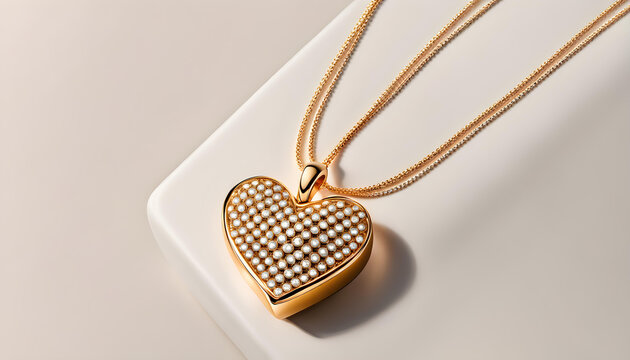 Cinematic screen image view of golden and diamond heart necklace fixed on white panne velvet pyxis