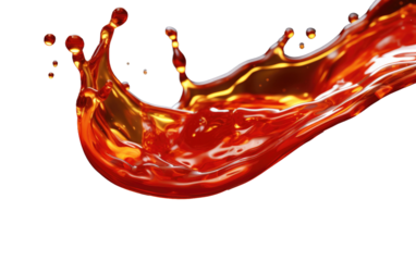 A vibrant red liquid is seen splashing into the air. The liquid appears to be bursting and dispersing, with droplets suspended mid air. on a White or Clear Surface PNG Transparent Background.
