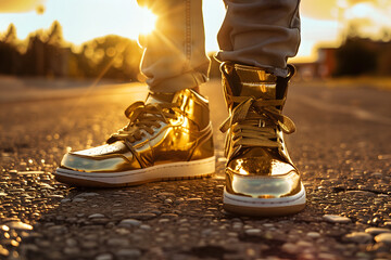 Gold sneakers on someone's feet close-up, standing on textured asphalt, background is blurred. Late afternoon light cast a soft glow.