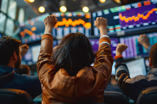 closeup of people cheering for the stock prices and chart showing inclining on big glass screens, at the stock market office