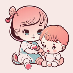baby playing with sister, illustration, sticker, clean white background, t-shirt design, graffiti, vibrant, vector illustration kawaii