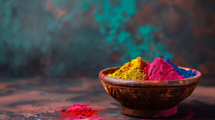 Colorful traditional Holi powder in bowls - obrazy, fototapety, plakaty