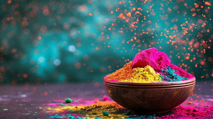 Colorful traditional Holi powder in bowls - obrazy, fototapety, plakaty