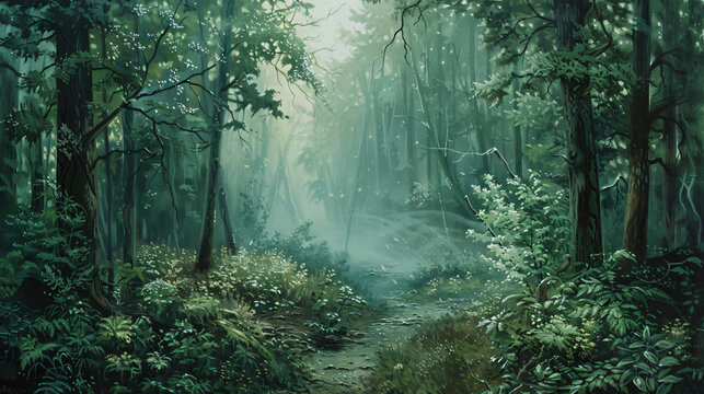 Misty green dense forest, a gloomy dream in the.
