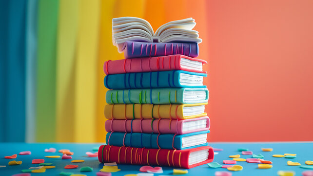 A detailed UHD capture of a birthday cake designed to resemble a stack of colorful books, adorned with edible sugar pages and fondant details, set against a solid background in vibrant rainbow hues.
