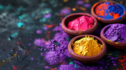 Fototapeta na wymiar Colorful traditional Holi powder in bowls