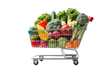 Assorted Vegetables in Shopping Cart. A shopping cart is filled to the brim with a colorful assortment of various vegetables. on a White or Clear Surface PNG Transparent Background.