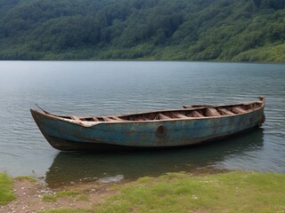 Naklejka na ściany i meble Free picture of an ancient, rusted fishing boat on the lake's sloping shore
