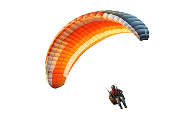 Man Parasailing in the Air. He is soaring high above, attached to a parachute pulled by a boat below. on a White or Clear Surface PNG Transparent Background. - Powered by Adobe