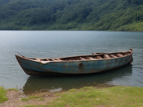 Free picture of an ancient, rusted fishing boat on the lake's sloping shore
